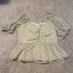 Adelyn Rae Women's White‎ Black Polka Dots Ruffle Top Blouse Babydoll Size Large